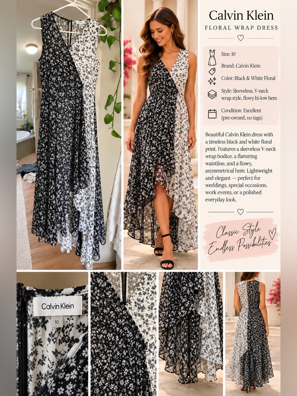 Calvin Klein Black and White Floral High-Low Wrap Dress